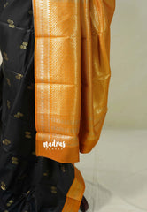 Jet Black with Mustard - Thendral - Kanchi Semi Silk Saree with Mango Border - Perfect for Wedding Functions