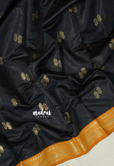 Jet Black with Mustard - Thendral - Kanchi Semi Silk Saree with Mango Border - Perfect for Wedding Functions