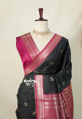 Jet Black with Pink - Thendral - Kanchi Semi Silk Saree with Mango Border - Perfect for Wedding Functions