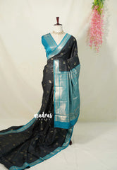 Jet Black with Blue - Thendral - Kanchi Semi Silk Saree with Mango Border - Perfect for Wedding Functions