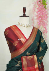 Midnight Green - Thendral - Kanchi Semi Silk Saree with Rettapet Border and Buttas - Perfect for Wedding Functions