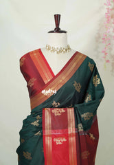 Midnight Green - Thendral - Kanchi Semi Silk Saree with Rettapet Border and Buttas - Perfect for Wedding Functions