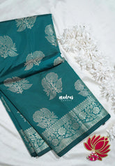 Teal Glow - Thendral - Kanchi Semi Silk Flower Border with Buttas - Best for Pooja Functions | Diwali Festive