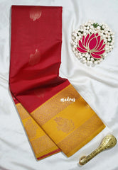 Chilli Red with Yellow - Thendral - Kanchi Semi Silk Flower Border with Contrast Pallu and Blouse - Best for Pooja Functions | Diwali Festive