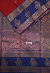 Chilli Red with Blue - Thendral - Kanchi Semi Silk Flower Border with Contrast Pallu and Blouse - Best for Pooja Functions | Diwali Festive