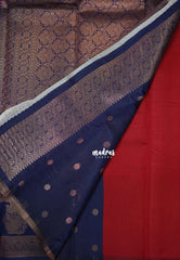 Chilli Red with Blue - Thendral - Kanchi Semi Silk Flower Border with Contrast Pallu and Blouse - Best for Pooja Functions | Diwali Festive