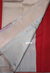 Chilli Red with Cream Grey- Thendral - Kanchi Semi Silk Flower Border with Contrast Pallu and Blouse - Best for Pooja Functions | Diwali Festive