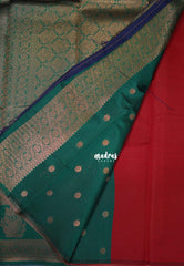 Chilli Red with Green - Thendral - Kanchi Semi Silk Flower Border with Contrast Pallu and Blouse - Best for Pooja Functions | Diwali Festive