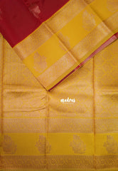 Chilli Red with Yellow - Thendral - Kanchi Semi Silk Flower Border with Contrast Pallu and Blouse - Best for Pooja Functions | Diwali Festive