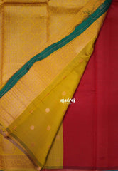 Chilli Red with Yellow - Thendral - Kanchi Semi Silk Flower Border with Contrast Pallu and Blouse - Best for Pooja Functions | Diwali Festive