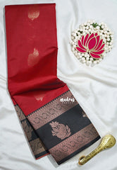 Chilli Red with Black - Thendral - Kanchi Semi Silk Flower Border with Contrast Pallu and Blouse - Best for Pooja Functions | Diwali Festive