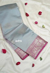 Steel Grey - Thendral - Kanchi Semi Soft Silk Contrast Pallu and Blouse Design 1 - Best for Small Functions
