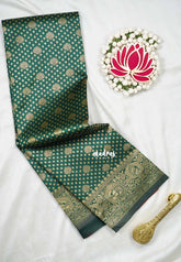 Dark Green with Mayil - Thendral - Kanchi Art Silk Saree with Mayil Border and Buttas - Perfect for Wedding Functions
