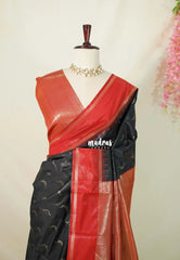 Jet Black with Red - Thendral - Kanchi Semi Silk Saree with Rettapet Border - Perfect for Wedding Functions