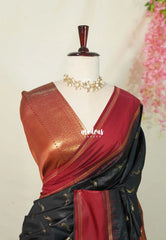 Jet Black with Maroon - Thendral - Kanchi Semi Silk Saree with Rettapet Border - Perfect for Wedding Functions