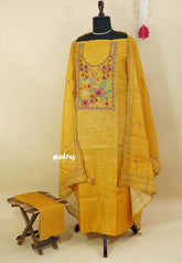 Amitha – Magic Mustard Yellow Tissue Linen Salwar Suit French Knot  Hand Embroidery Yoke