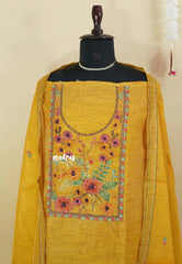 Amitha – Magic Mustard Yellow Tissue Linen Salwar Suit French Knot Hand Embroidery Yoke