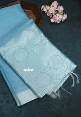 Olympic Blue with Silver - Tissue silk saree Silver Zari Boder - Best for Special Celebrations
