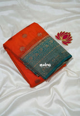 Sunset Orange - Durga - Traditional Banarasi Khadi Georgette Silk Saree Floral Border with Contrast Pallu and Blouse & Buttas - Perfect for Diwali Festive | Wedding Functions