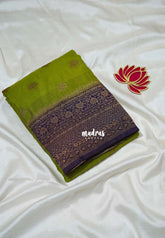Fresh Leaf Green - Durga - Traditional Banarasi Khadi Georgette Silk Saree Floral Border with Contrast Pallu and Blouse & Buttas - Perfect for Diwali Festive | Wedding Functions