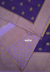 Violet Purple - Durga - Traditional Banarasi Khadi Georgette Silk Saree Floral Border with Contrast Pallu and Blouse & Buttas - Perfect for Diwali Festive | Wedding Functions