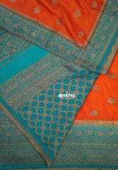 Sunset Orange - Durga - Traditional Banarasi Khadi Georgette Silk Saree Floral Border with Contrast Pallu and Blouse & Buttas - Perfect for Diwali Festive | Wedding Functions