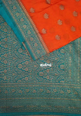 Sunset Orange - Durga - Traditional Banarasi Khadi Georgette Silk Saree Floral Border with Contrast Pallu and Blouse & Buttas - Perfect for Diwali Festive | Wedding Functions