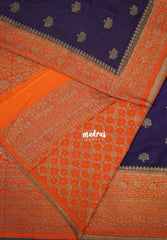 Deep Jamun Purple - Durga - Traditional Banarasi Khadi Georgette Silk Saree Floral Border with Contrast Pallu and Blouse & Buttas - Perfect for Diwali Festive | Wedding Functions