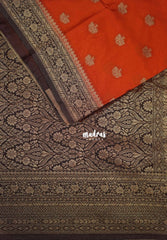 Rust Orange - Durga - Traditional Banarasi Khadi Georgette Silk Saree Floral Border with Contrast Pallu and Blouse & Buttas - Perfect for Diwali Festive | Wedding Functions