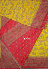 Paris Yellow - Durga - Traditional Banarasi Khadi Georgette Silk Saree Mayil Border with Elephant, Peacock & Birds Buttas - Perfect for Diwali Festive | Wedding Functions