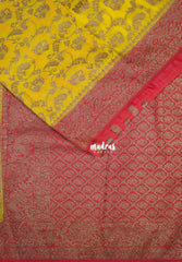 Paris Yellow - Durga - Traditional Banarasi Khadi Georgette Silk Saree Mayil Border with Elephant, Peacock & Birds Buttas - Perfect for Diwali Festive | Wedding Functions