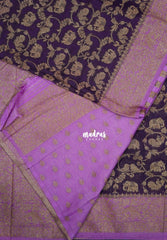 Midnight Purple - Durga - Traditional Banarasi Khadi Georgette Silk Saree Mayil Border with Elephant, Peacock & Birds Buttas - Perfect for Diwali Festive | Wedding Functions