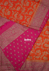 Sunset Orange - Durga - Traditional Banarasi Khadi Georgette Silk Saree Mayil Border with Elephant, Peacock & Birds Buttas - Perfect for Diwali Festive | Wedding Functions