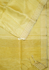 Creamy Yellow - Jute Tussar Silk Saree Jute Grooves with Simple Border - Best for Small Functions