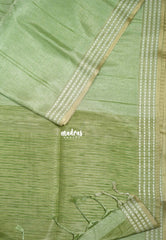 Pista Green - Jute Tussar Silk Saree Jute Grooves with Simple Border - Best for Small Functions
