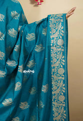 Teal Blue - Vadhanam - Premium Jute tussar with full birds weaving buttas and border