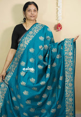 Teal Blue - Vadhanam - Premium Jute tussar with full birds weaving buttas and border