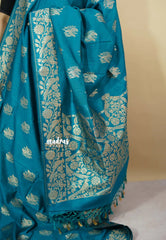 Teal Blue - Vadhanam - Premium Jute tussar with full birds weaving buttas and border