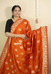 Tangerine Orange - Vadhanam - Premium Jute tussar with full birds weaving buttas and border