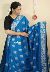 Peacock Blue - Vadhanam - Premium Jute tussar with full birds weaving buttas and border
