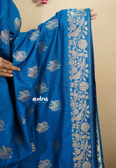 Peacock Blue - Vadhanam - Premium Jute tussar with full birds weaving buttas and border