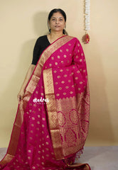 Fuchsia Pink - Vadhanam - Premium Jute Tussar silk with buttas and gold zari border