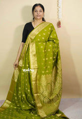Sap Green - Vadhanam - Premium Jute Tussar silk with buttas and gold zari border