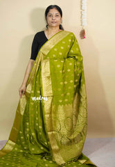 Sap Green - Vadhanam - Premium Jute Tussar silk with buttas and gold zari border