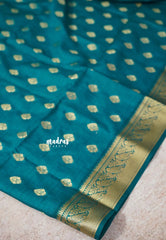 Teal Blue - Vadhanam - Premium Jute Tussar silkwith buttas and gold zari border