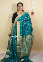 Teal Blue - Vadhanam - Premium Jute Tussar silkwith buttas and gold zari border