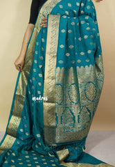 Teal Blue - Vadhanam - Premium Jute Tussar silkwith buttas and gold zari border