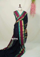 Midnight Blue(Closest Black) - Vaibhogam 120 count Pure mercerized silk cotton with buttas and rettapet border - Best for Wedding Functions