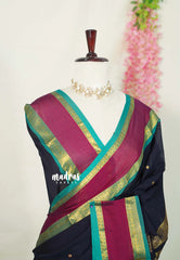 Midnight Blue(Closest Black) - Vaibhogam 120 count Pure mercerized silk cotton with buttas and rettapet border - Best for Wedding Functions