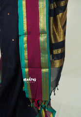 Midnight Blue(Closest Black) - Vaibhogam 120 count Pure mercerized silk cotton with buttas and rettapet border - Best for Wedding Functions